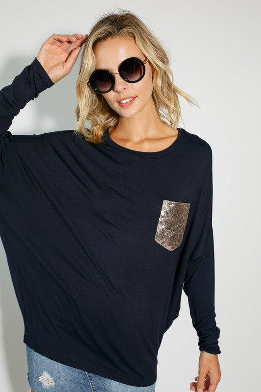 Plus sequin pocket dolman LS top