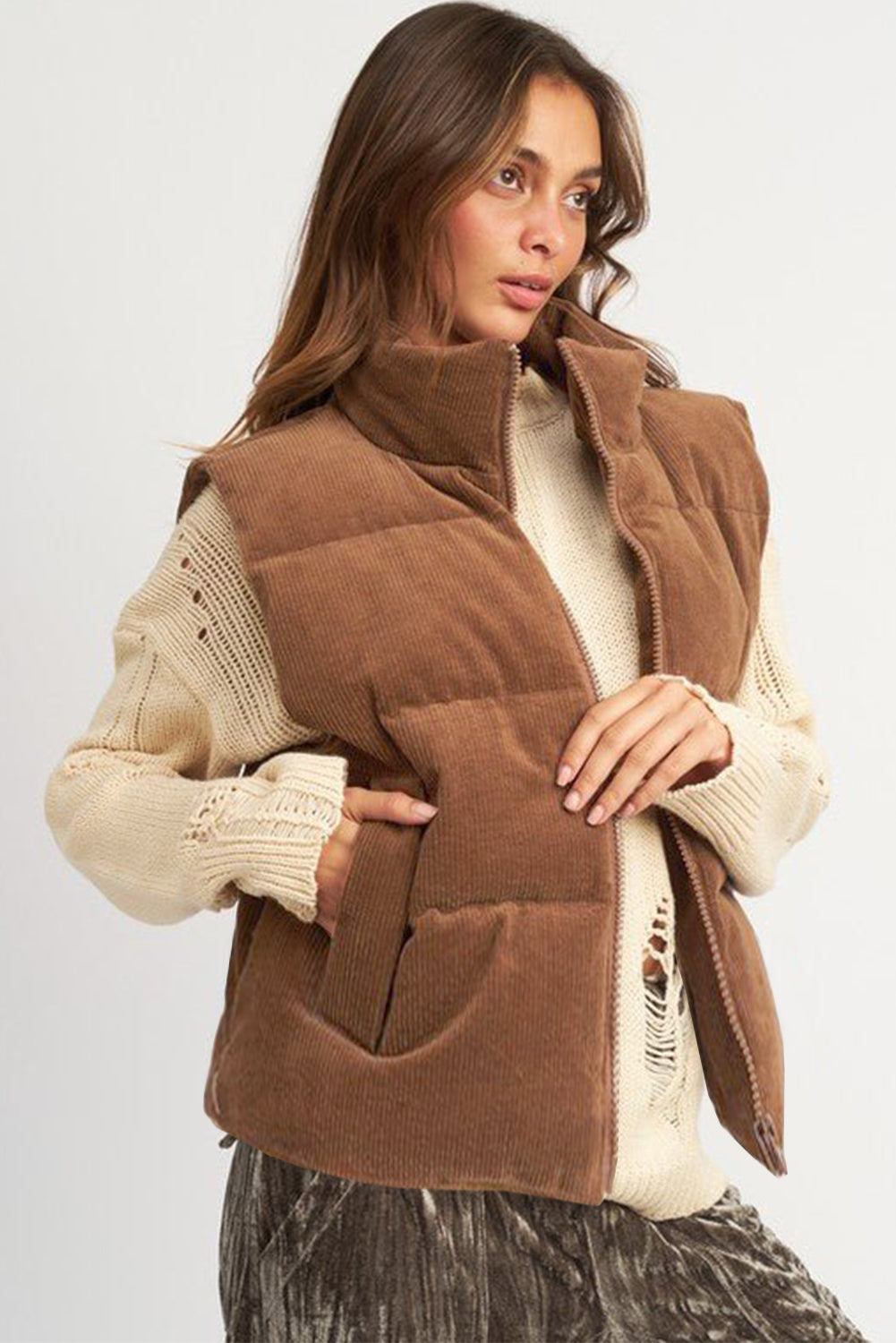 Coffee Corduroy Stand Neck Zipped Puffer Vest (2 Colors)