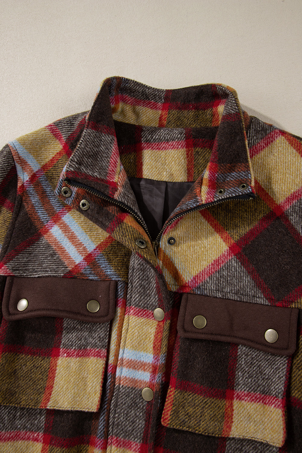 Brown Plaid Print Chest Pockets Button Zipper Stand Neck Jacket