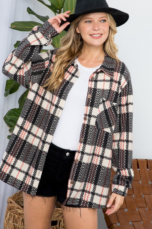 Plus fuzzy plaid button down shacket (2 colors)