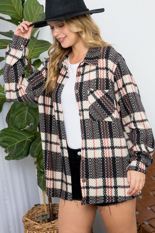 Plus fuzzy plaid button down shacket (2 colors)