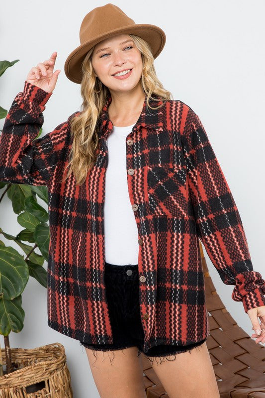 Plus fuzzy plaid button down shacket (2 colors)