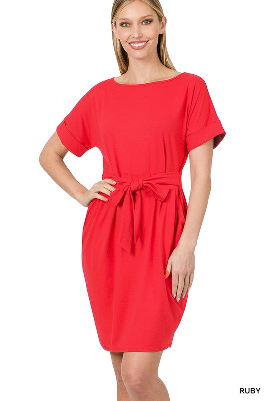 Brushed DTY Tie-Belt Dress 7 colors