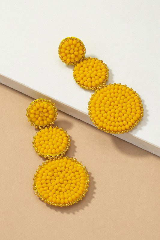Graduate three glass bead disks drop earrings-10 colors