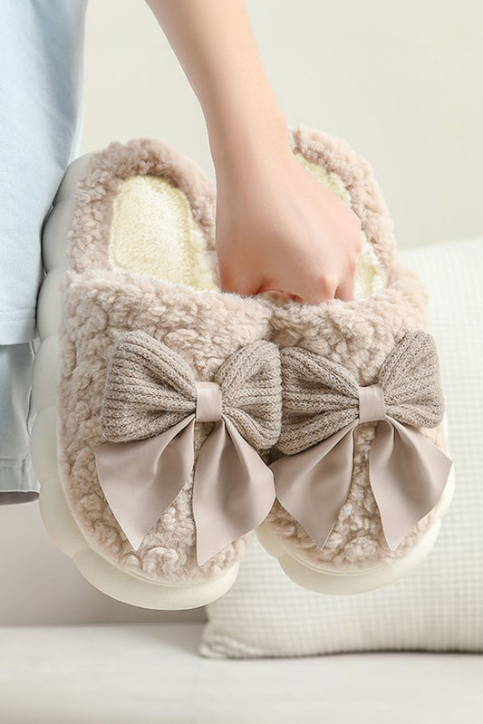 Pink Bowknot Applique Plush Winter Slippers (2 colors)