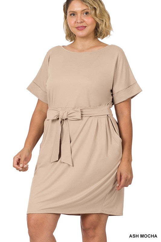 Plus Brushed Tie Belt Dress 6 colors