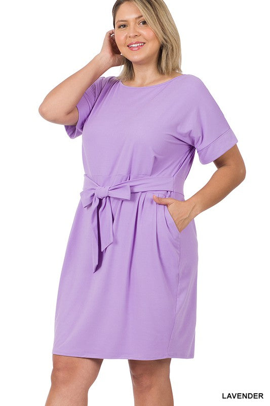 Plus Brushed Tie Belt Dress 6 colors