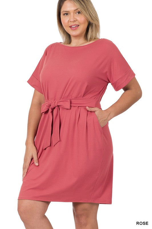 Plus Brushed Tie Belt Dress 6 colors