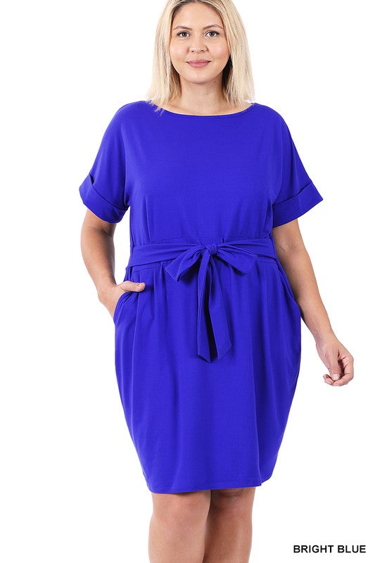 Plus Brushed Tie Belt Dress 6 colors