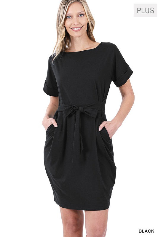 Plus Brushed Tie Belt Dress 6 colors