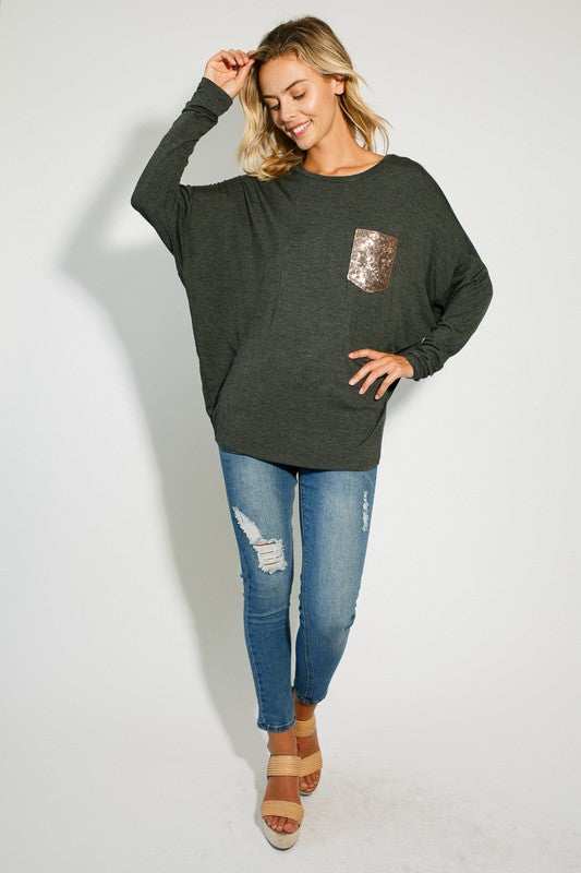 Plus sequin pocket dolman LS top