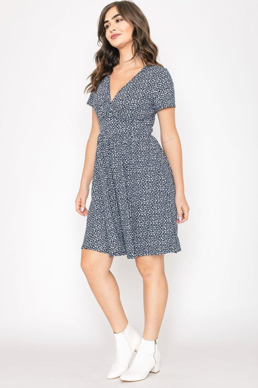 Plus Ditsy Surplice Fit and Flare Midi Dress (2 colors)