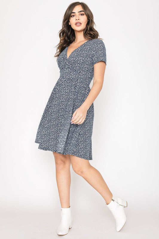 Plus Ditsy Surplice Fit and Flare Midi Dress (2 colors)