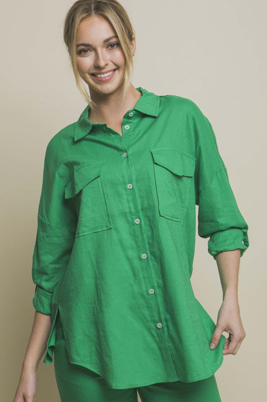 Linen Oversized Double Pocket Button Down Shirt (3 Colors)