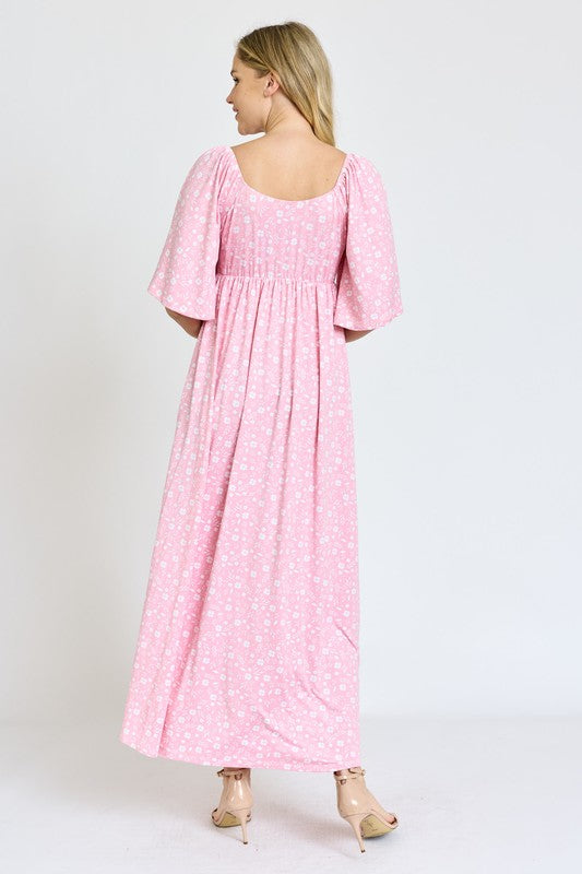 Floral Angel Sleeve Front Tie Maxi Dress 2 colors