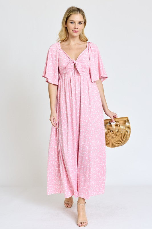 Floral Angel Sleeve Front Tie Maxi Dress (2 colors)