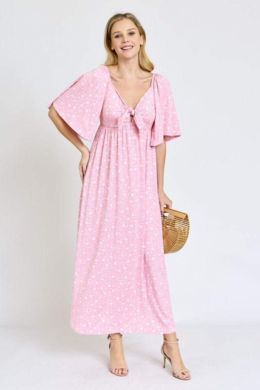 Floral Angel Sleeve Front Tie Maxi Dress (2 colors)