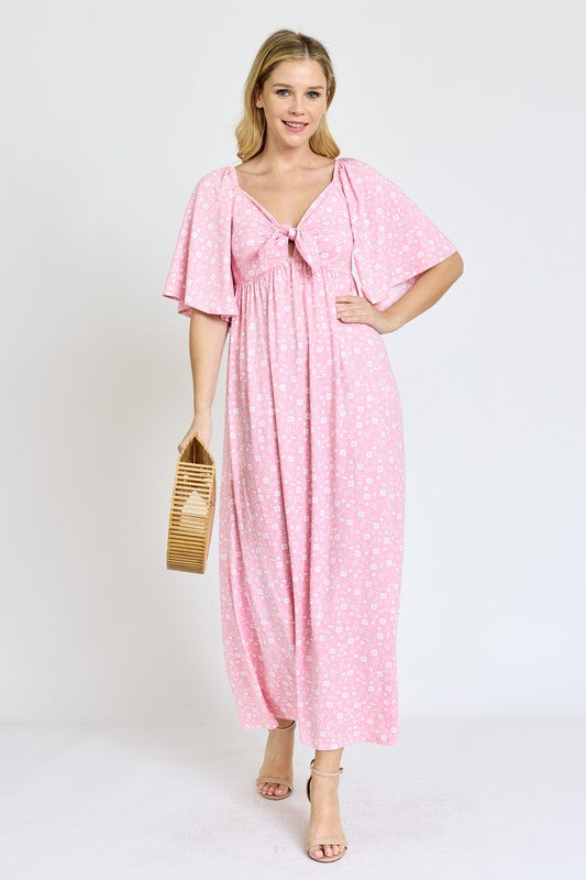 Floral Angel Sleeve Front Tie Maxi Dress (2 colors)