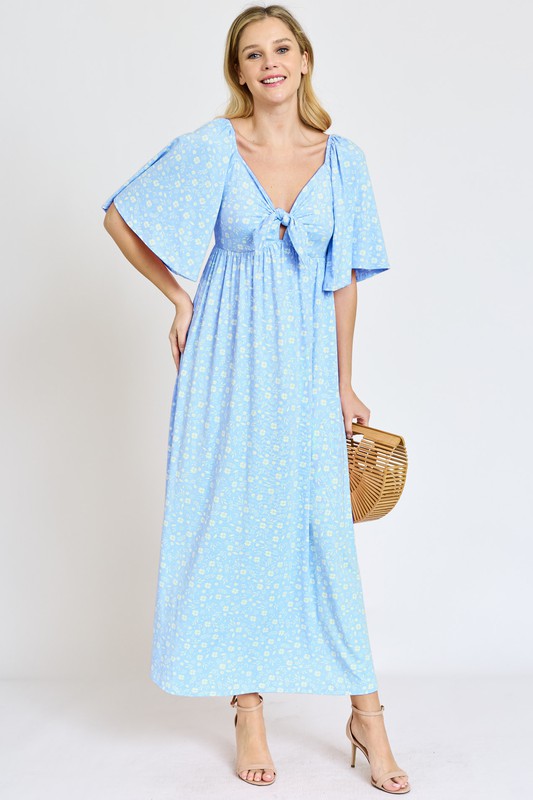 Floral Angel Sleeve Front Tie Maxi Dress (2 colors)