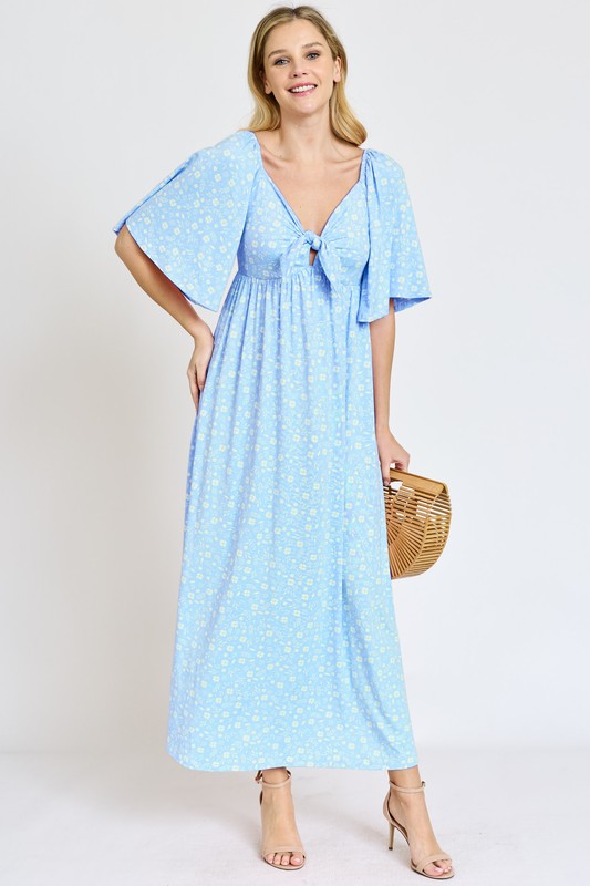 Floral Angel Sleeve Front Tie Maxi Dress 2 colors