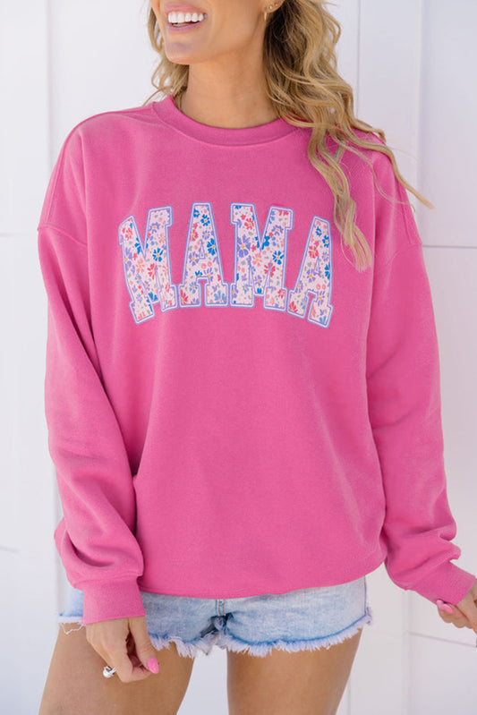 Rose Red Floral MAMA Embroidered Graphic Pullover Sweatshirt