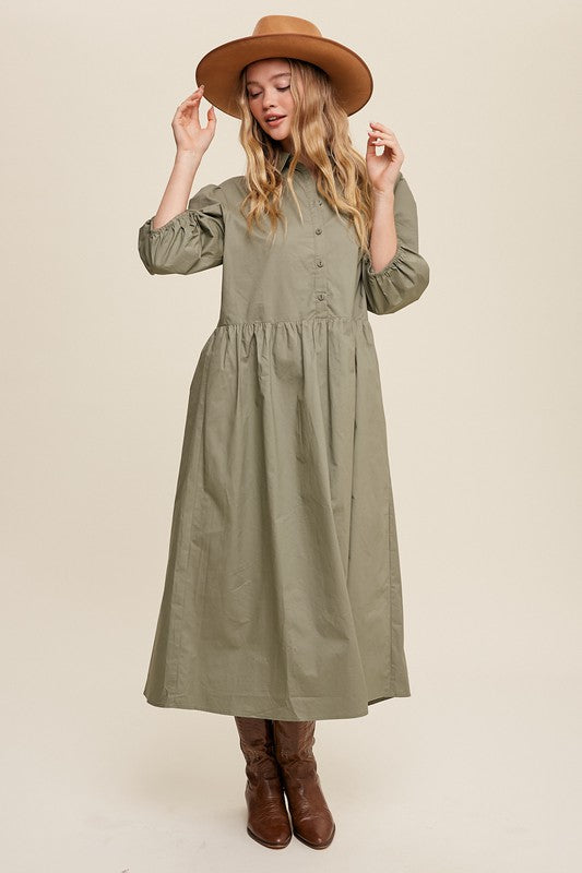 Button Front Puff Sleeve Babydoll Maxi Dress (3 colors)