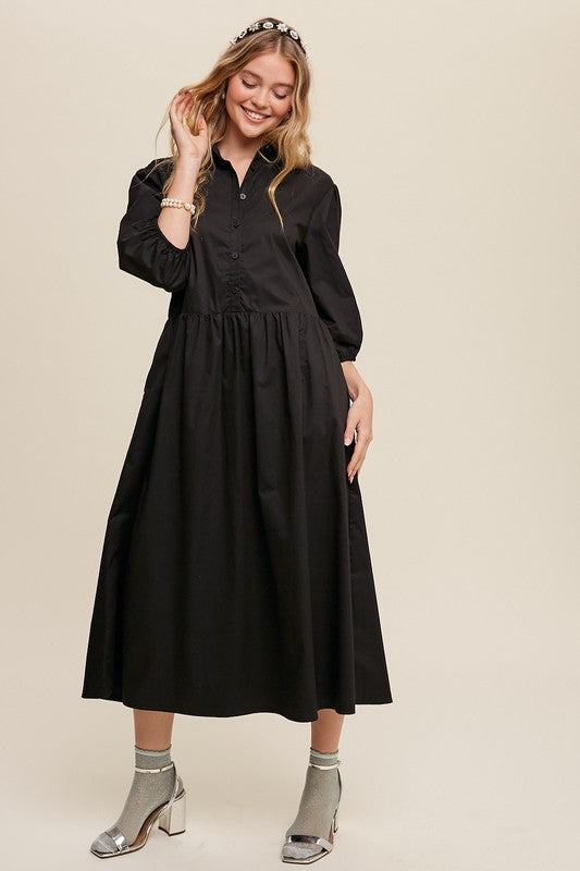 Button Front Puff Sleeve Babydoll Maxi Dress (3 colors)