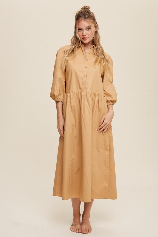 Button Front Puff Sleeve Babydoll Maxi Dress (3 colors)