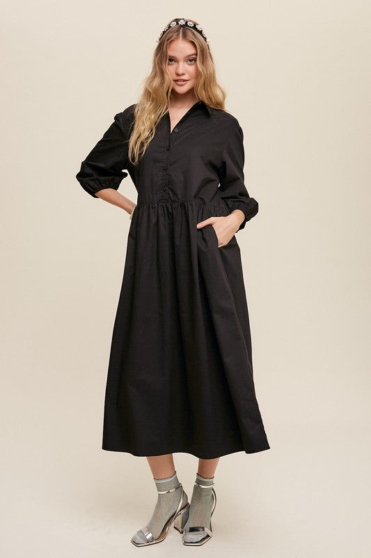 Button Front Puff Sleeve Babydoll Maxi Dress (3 colors)