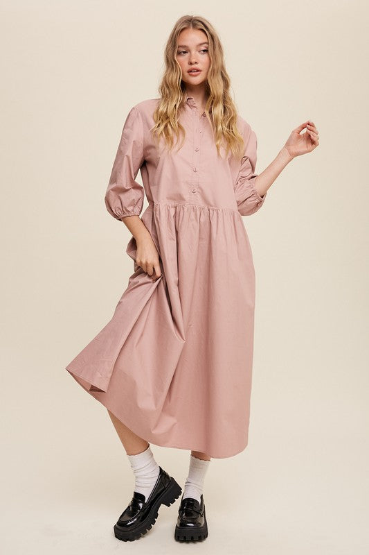 Button Front Puff Sleeve Babydoll Maxi Dress (3 colors)