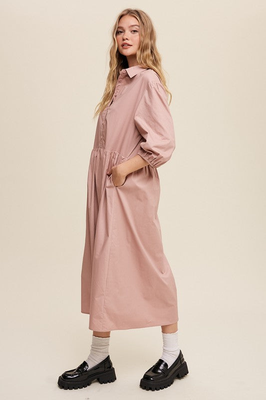 Button Front Puff Sleeve Babydoll Maxi Dress (3 colors)