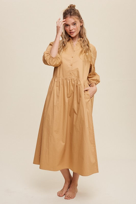 Button Front Puff Sleeve Babydoll Maxi Dress (3 colors)