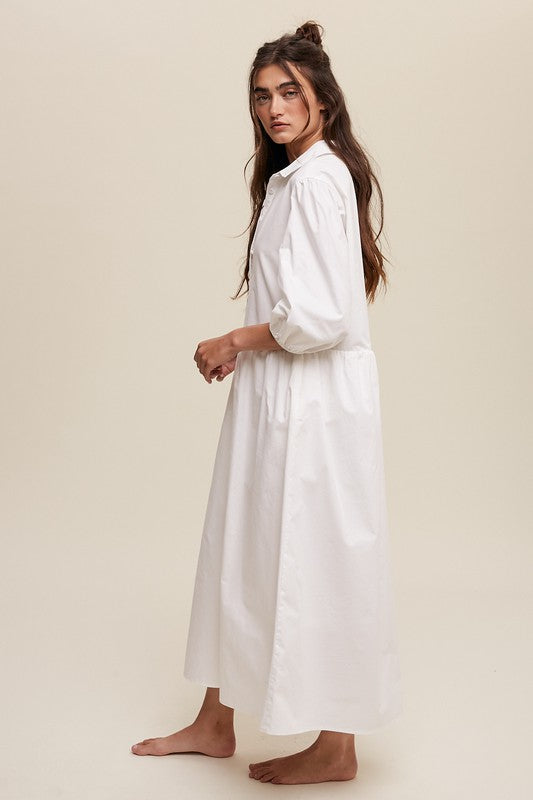 Button Front Puff Sleeve Babydoll Maxi Dress (3 colors)