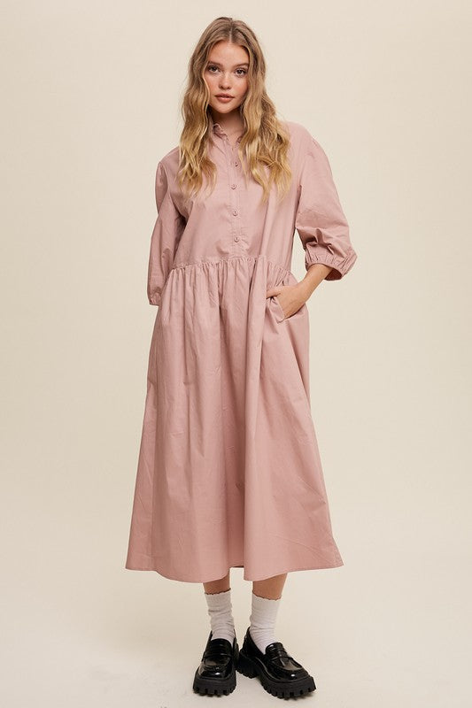 Button Front Puff Sleeve Babydoll Maxi Dress (3 colors)