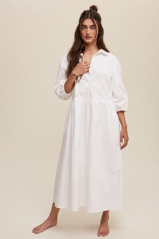 Button Front Puff Sleeve Babydoll Maxi Dress (3 colors)