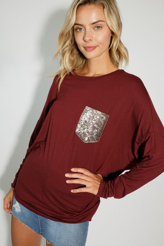 Plus sequin pocket dolman LS top