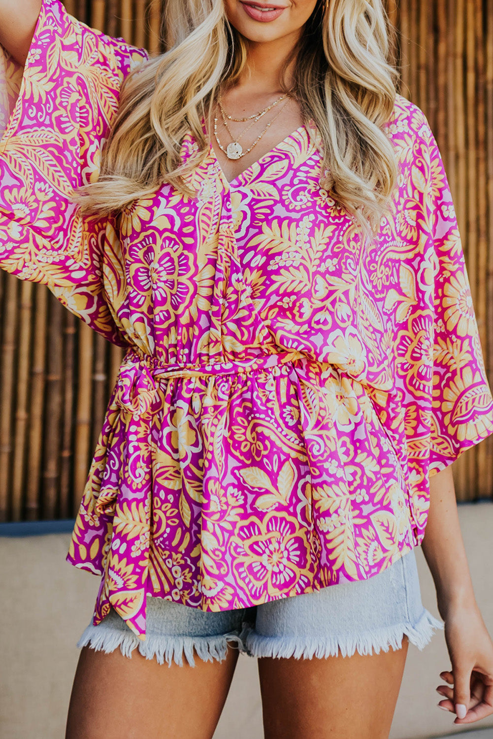 Boho Floral Print Belted Surplice Blouse