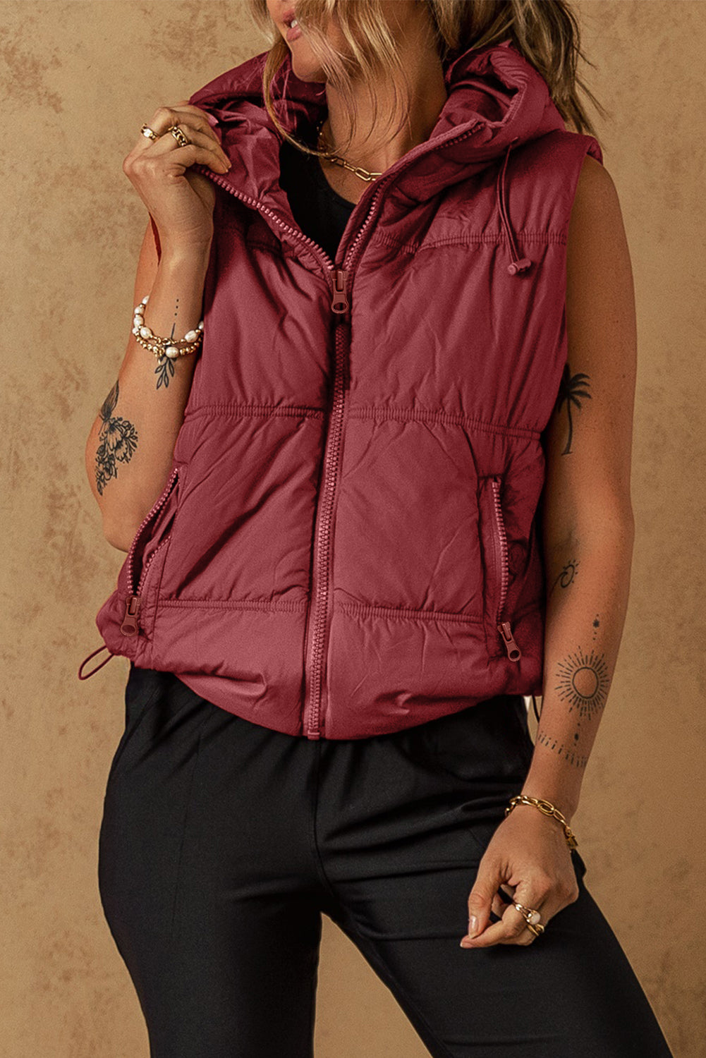 Clay Zip-up Side Pockets Hooded Puffer Vest