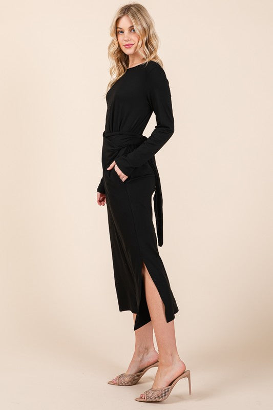 Waist Wrap Dress-with Pockets-SOLID