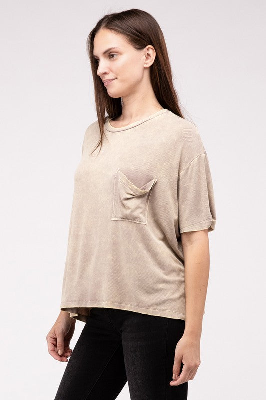 Washed Ribbed Cuffed Short Sleeve Round Neck Top (4 Colors)