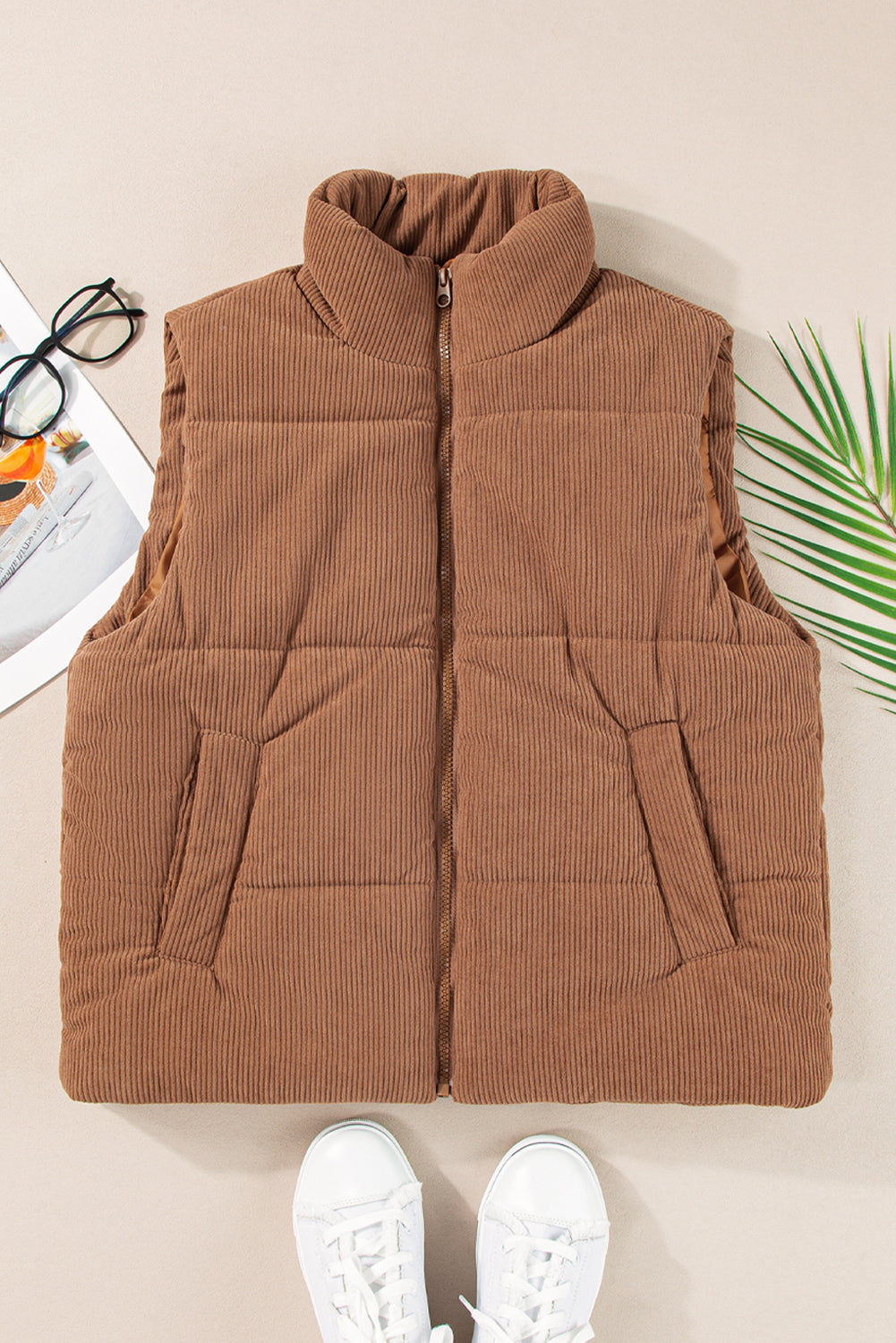 Coffee Corduroy Stand Neck Zipped Puffer Vest (2 Colors)