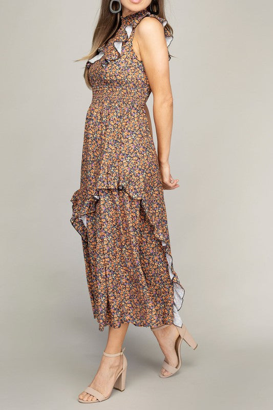 Tiered maxi dress with ruffle trim 2 colors