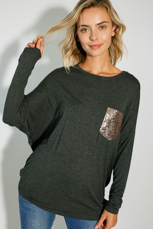 Plus sequin pocket dolman LS top