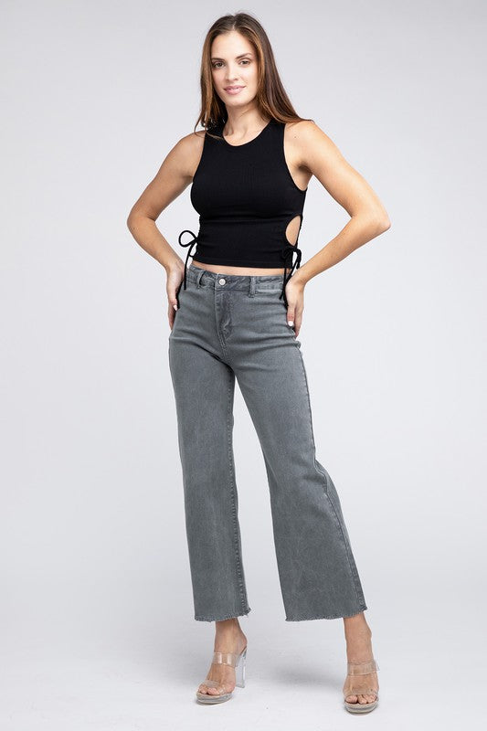 Acid Wash Frayed Cutoff Hem Straight Wide Pants (6 Colors)