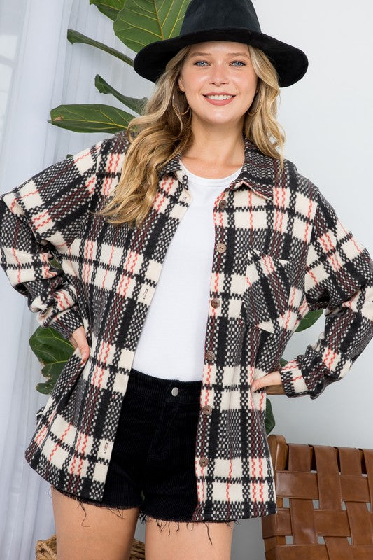 Plus fuzzy plaid button down shacket (2 colors)