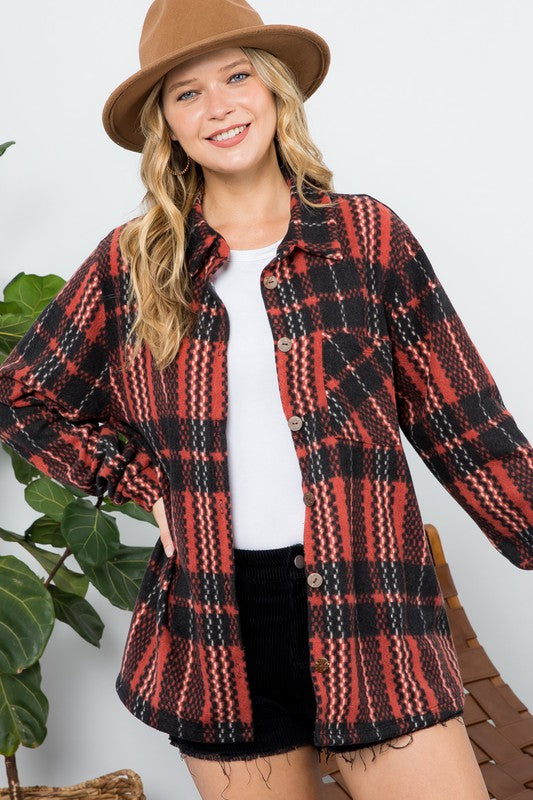 Plus fuzzy plaid button down shacket (2 colors)