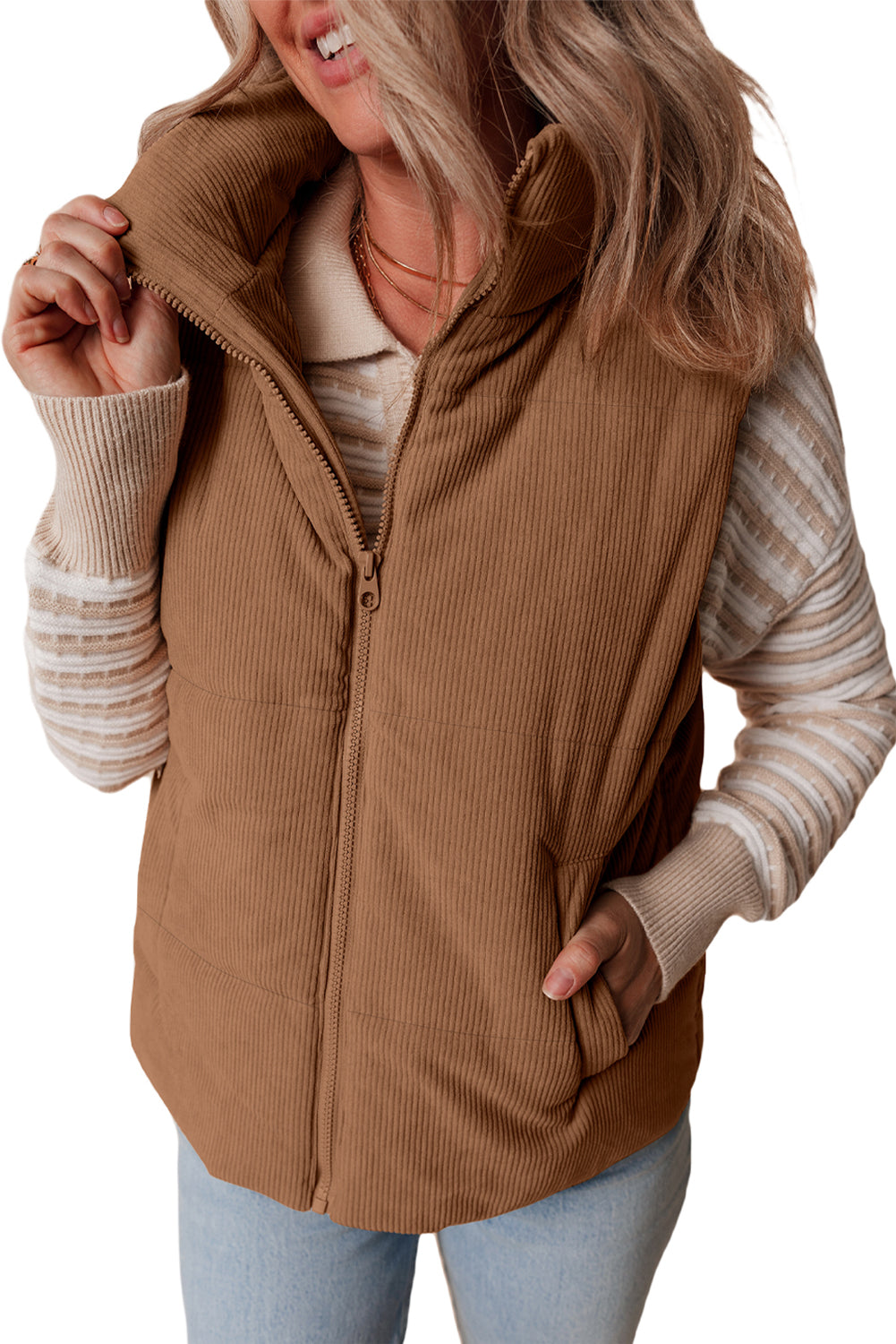 Coffee Corduroy Stand Neck Zipped Puffer Vest (2 Colors)