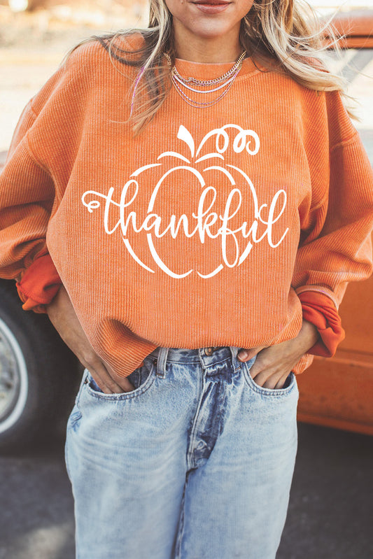 Orange Pumpkin thankful Graphic Corded Sweatshirt