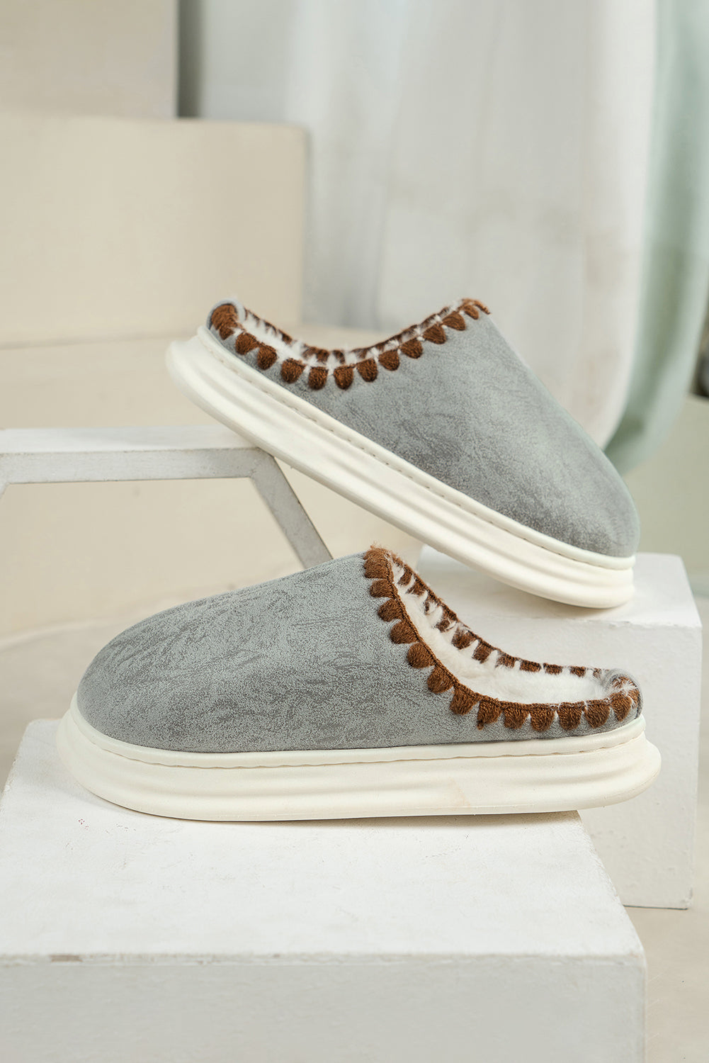 Medium Grey Thick Sole Plush Lined Home Slippers (2 Colors)