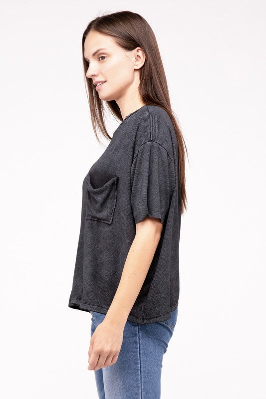 Washed Ribbed Cuffed Short Sleeve Round Neck Top (4 Colors)